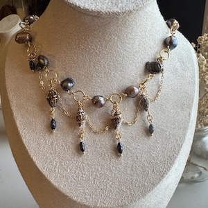 Handmade Black Pearl Shell Choker Necklace | Layered Gold Chain Mermaidcore Jewelry