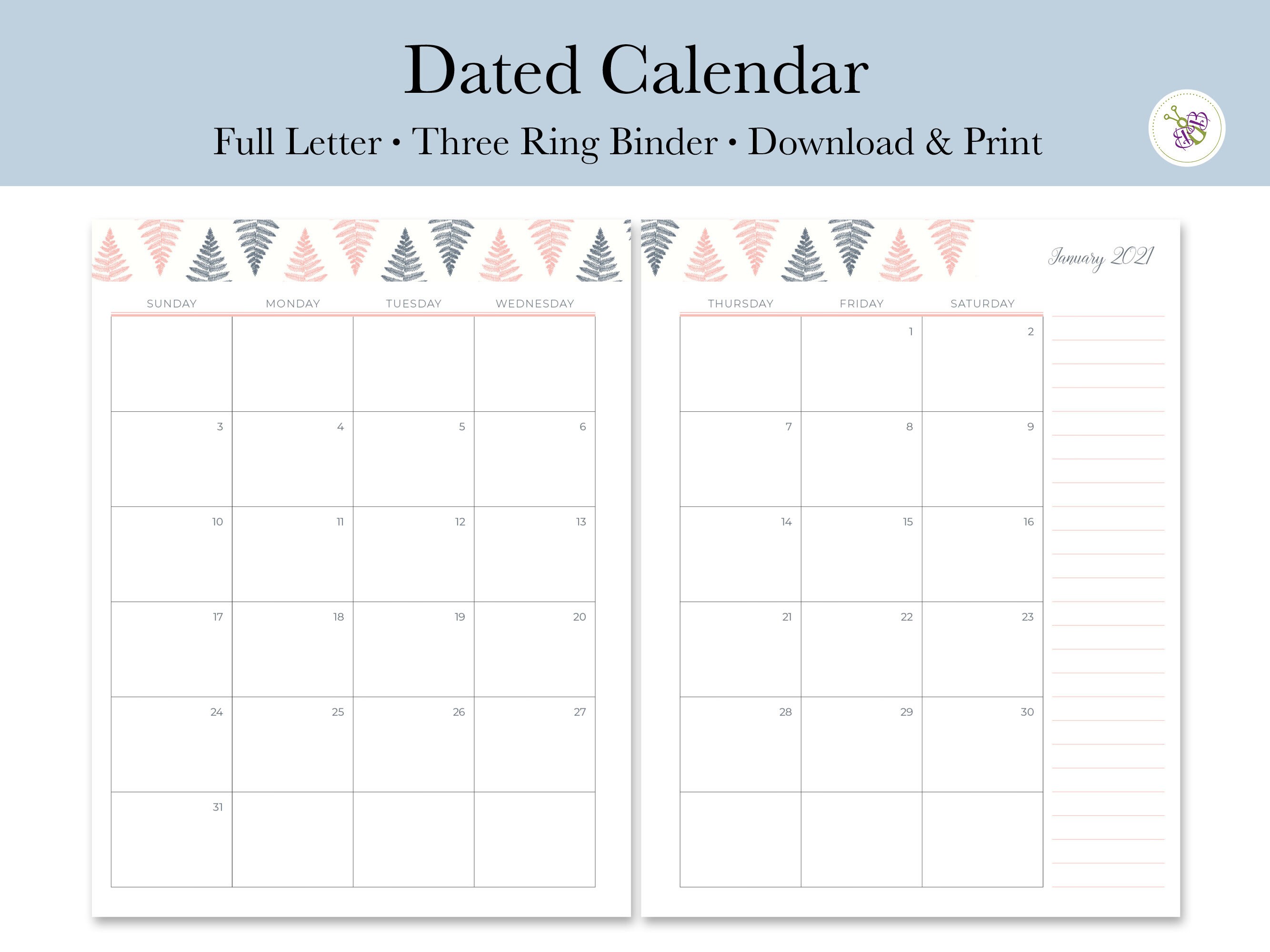 Dated 2021 Calendar for 3 Ring Binders Dated Calendar Dated | Etsy