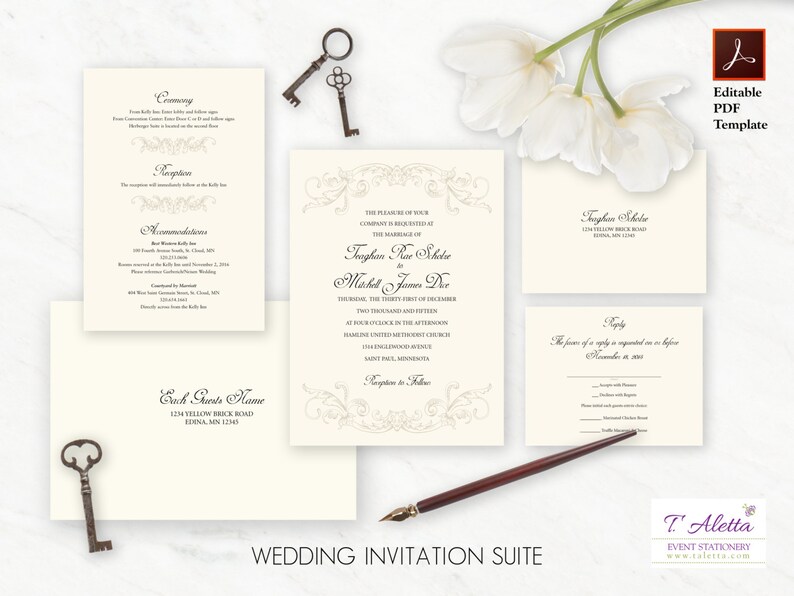 Printable Wedding Invitation Set, Elegant Wedding Invitation, Cl Printable Wedding Invitation Set, Elegant Wedding Invitation, Cl