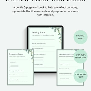 Peut inclure: Un cahier d'exercices Evening Reset de 3 pages avec un thème de couleur vert clair et des accents de feuilles d'eucalyptus. Les pages incluent des sections intitulées Evening Reset, Tomorrow's Focus et Gratitude Reflection avec des lignes.