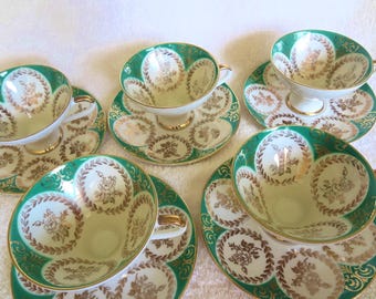 Vintage Tiny Teacups, Bavaria Green and Gold Teacups