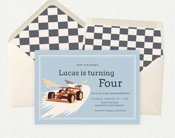 Modello di fodera per busta con auto da corsa vintage, foglio A7 Euro Square a scacchi, download su Canva, accessorio per festa di compleanno per bambino