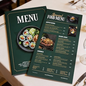 Puede incluir: Dos menús de restaurante verde oscuro sobre un mantel blanco. El menú de la izquierda dice "MENU" en blanco, con un plato de sushi ilustrado. El menú de la derecha es un "Menú especial" con aperitivos, platos principales y bebidas.