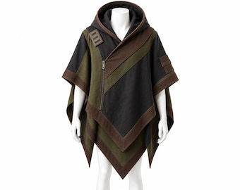 May include: A hooded poncho featuring a color-blocked design in olive green, charcoal black, and dark brown. The garment includes an asymmetrical front zipper closure, structured shoulder panels with rectangular detailing, and a pointed hemline.