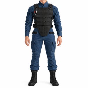 May include: A black tactical vest with horizontal webbing straps worn over a blue long-sleeved shirt and matching blue cargo pants. The vest features a small red and silver detail on the upper right chest. Black combat boots complete the outfit.