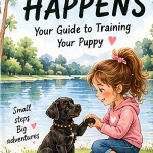 以下が含まれることがあります： ステイシー・ミッチェル・ガース著『SIT HAPPENS Your Guide to Training Your Puppy』のブックカバー。ピンクのパーカーと青いジーンズを着た若い人物が、金色の首輪をした黒い子犬の足を持っているイラストが描かれています。