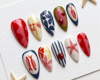 Handmade Cherry Starfish Stiletto Press On Nails, Summer Vacation Style