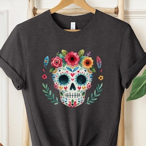 Camiseta del Día de los Muertos, camiseta con calavera de azúcar, camiseta del Día de los Muertos, herencia mexicana, camiseta mexicana, camiseta con calavera floral, camiseta con calavera de flores