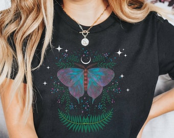 Moth Shirt, Crescent Moon Shirt, Celestial Shirt, Botanical Shirt, Cottagecore Shirt, Goblincore Clothing, Witchy Shirt, Moth T shirt