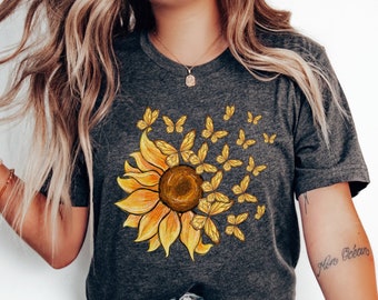 Sunflower Butterfly Shirt, Boho Butterfly Shirt, Sunflower Shirt, Butterflies Shirt, Butterfly Lover Gift, Cottagecore Shirt, Gift for Mom