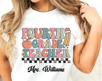 Retro Custom Teacher Shirt, 4th Grade Teacher Team Shirt, Personalized School Gift, Customized Name Teacher Tee, Fourth Grade