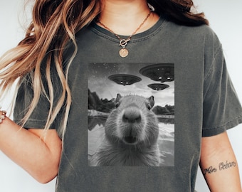 Capybara Shirt, Funny Capybara UFO Shirt, Comfort Colors Capybara Selfie Shirt, Rodent Shirt, Meme Shirt, Capybara Lover Gift, Weird Shirt