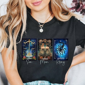Spersonalizowana koszulka astrologiczna Big Three, spersonalizowana koszulka ze znakiem słońca, księżyca i wschodzącego znaku, koszulka zodiakalna, prezent astrologiczny, prezent horoskopowy, prezent zodiakalny