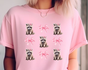 Raccoon Shirt, Coquette Shirt, Raccoon Gift, Pink Bow Shirt, Trash Panda Shirt, Soft Girl Era Shirt, Cute Raccoon Tshirt, Girly Shirt