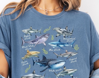Types Of Sharks Shirt, Comfort Colors® Retro Ocean Shirt, Summer Beach Lover Sealife Ocean Animals Shirt, Shark Lover Marine Biologist Gift
