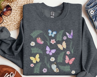 Butterflies Shirt, Wildflowers Shirt, Butterfly Shirt, Boho Shirt, Botanical Shirt, Cottagecore Shirt, Floral Shirt, Nature Lover, Fern Tee