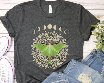 Luna Moth Shirt, Moon Phase Shirt, Celestial Shirt, Botanical Shirt, Cottagecore Shirt, Goblincore Clothing, Witchy Shirt, Moth T shirt
