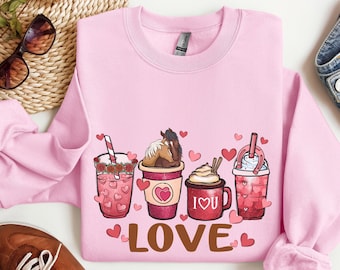 馬のバレンタイン スウェットシャツ、コーヒー バレンタイン セーター、馬好きシャツ、ウエスタン バレンタイン T シャツ、カントリー ハート T シャツ、カウガール バレンタイン デー