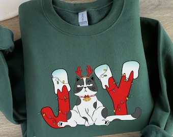 Cat Sweatshirt, Funny Christmas Cat Sweater, Joy Sweatshirt, Cat Lover Gift, Christmas Cat Shirt, Cat Mom Shirt, Crewneck Holiday Sweatshirt