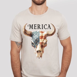 Merica Shirt, Bull Skull Shirt, Cow Skull Shirt, 4th of July Shirt, Patriotic Shirt, Independence Day Tee, USA Shirt, Fourth of July Shirt