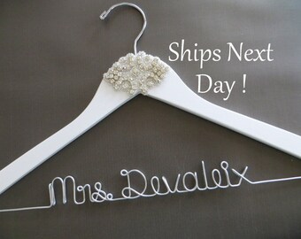 White CRYSTAL Wedding Hanger, Winter Wedding, Rhinestone Bridal Hanger, Mrs Hanger, Wedding Dress Hanger, Custom Bride Hanger, Wooden Hanger