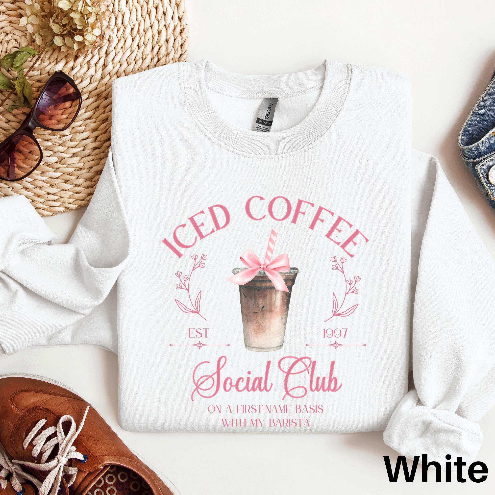 Iced Coffee Sweatshirt, Coquette Iced Coffee Social Club Sweater, Coquette Aesthetic Pink Bow Sweater, Coffee Lover Gift, Iced Coffee Addict