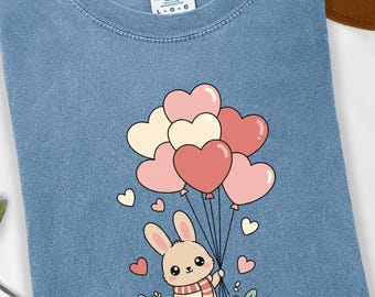 Cute Bunny Shirt with Heart Balloons, Kawaii Love Sweatshirt, Romantic Gift Tee for Her