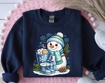 Winter Snowman Shirt with Hot Chocolate, Cozy Winter T-Shirt, Holiday Snowman Tee, Gift for Women Kids