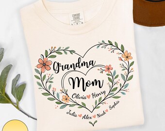 Personalized Grandma Mom Family Heart Shirt, Custom Kids Grandkids Names Floral Heart Tee, Multi Generation Mother's Day Gift
