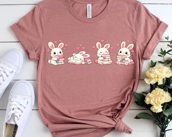 Cute Bunny Love Shirt, Book Lover Bunny T-Shirt, Romantic Heart Reading Tee, Cozy Gift for Readers