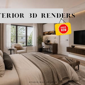 May include: A bedroom interior 3D render featuring a large bed with beige bedding, a dark wood floating media console with a wall-mounted television, a desk area with a chair, and a window with curtains. Text reads INTERIOR 3D RENDERS and ORDER NOW.
