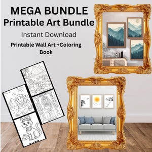May include: A digital art bundle with printable wall art and a colouring book. The wall art shows framed landscape prints with mountain and tree scenes. The colouring book features line drawings of Egyptian themes, including pyramids and Bastet.