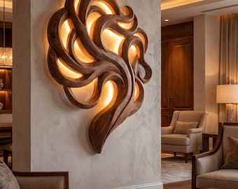 Aplique de pared artesanal con forma de rama, lámpara de pared grande y escultural de madera con forma de árbol único.