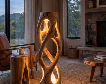 Modern Sculptural Floor Lamp Large Hand Carved Hollow Wood Standing Light