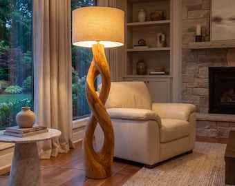 Modern Twisted Wood Floor Lamp Handcrafted Sculptural Standing Light