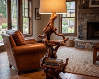 Sculpturale houten vloerlamp met planken, moderne handgesneden staande lamp