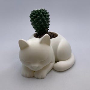 Peut inclure: Un pot de fleurs blanc en forme de chat contenant un petit cactus vert. Le chat est représenté endormi, les yeux fermés et les pattes repliées. Le cactus est vert foncé et planté dans de la terre.