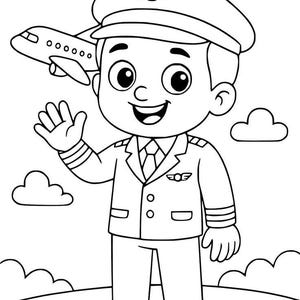Peut inclure: Illustration en noir et blanc d'un pilote de dessin animé souriant qui salue. Le pilote porte un uniforme, une casquette et a un avion en arrière-plan. Des nuages et de l'herbe sont également dans l'image.