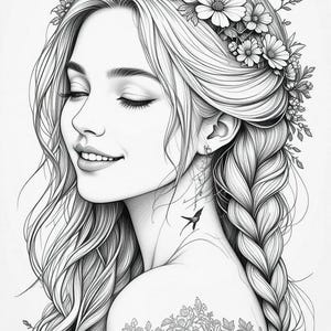 May include: Black and white illustration of a woman with long, wavy hair and a floral crown. Her hair is styled with a side braid. A hummingbird tattoo is visible on her neck, and a floral design adorns her shoulder.