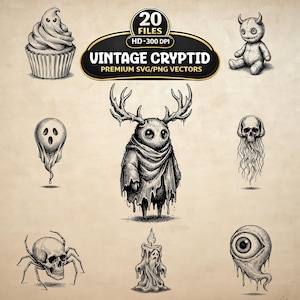 Op de afbeelding: Een verzameling vintage cryptide-illustraties in zwart en wit. De afbeeldingen bevatten een spookcupcake, een gestikte pop, een spook, een wezen met geweien, een schedel met vloeiend haar, een schedelspin, een smeltende kaars en een druipend oog. De tekst luidt "VINTAGE CRYPTID".