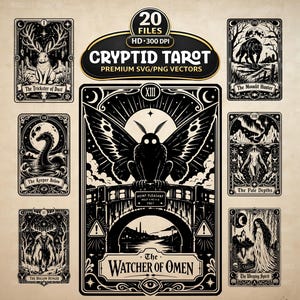 Puede incluir: Un conjunto de cartas del Tarot Críptido en blanco y negro. Las cartas presentan ilustraciones de un conejo, una serpiente, una polilla, un lobo, una figura en las montañas, un espíritu llorando y otras imágenes temáticas de críptidos. El texto "Cryptid Tarot" está incluido.