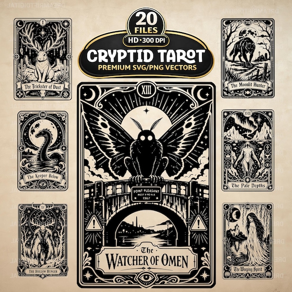 Cryptid Tarot Card SVG PNG Bundle, 20 Urban Legend Clipart, Paranormal Art (Digital Download)
