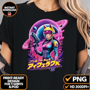 Puede incluir: Camiseta negra con una vibrante ilustración de estilo anime de un personaje femenino con un traje espacial futurista, sosteniendo un arma. El diseño incluye un planeta y un paisaje urbano, con texto japonés. Incluye gráficos de "Descarga instantánea" y "Diseño listo para imprimir".