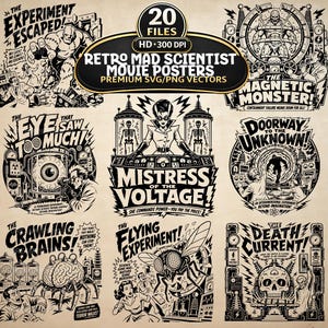 Könnte beinhalten: Eine Sammlung von 20 schwarz-weißen Retro-Filmplakaten über verrückte Wissenschaftler mit Illustrationen von Monstern, Gehirnen und Laborausrüstung sowie Titeln wie The Experiment Escaped, The Magnetic Monster und Mistress of the Voltage.