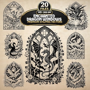 Può includere: Una collezione di 20 file digitali intitolati Enchanted Dragon Windows, che presenta illustrazioni vettoriali in bianco e nero di draghi incorniciati in finestre gotiche ornate con elementi floreali e botanici.