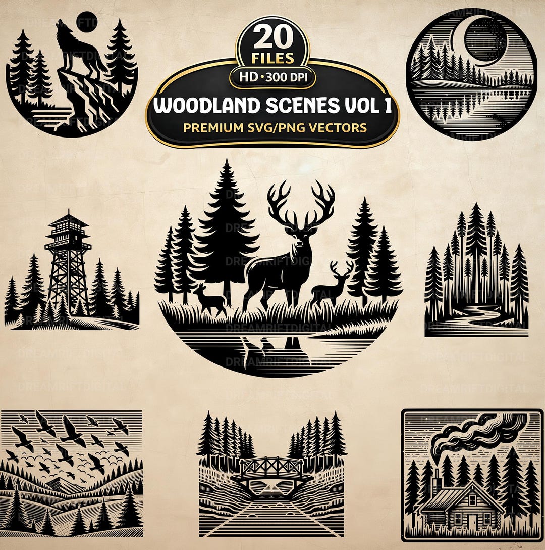 Woodland Scenes SVG PNG Bundle, 20 Forest Wildlife Silhouette Clipart ...