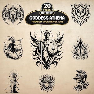 May include: A collection of black and white vector illustrations featuring Goddess Athena, including helmeted figures, an owl, and warriors with spears and shields. The central text reads 20 FILES HD 300 DPI GODDESS ATHENA PREMIUM SVG/PNG VECTORS.