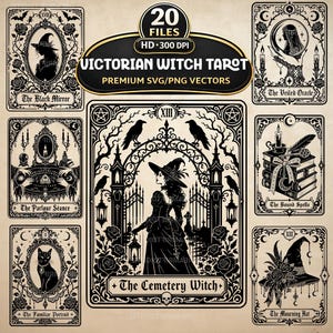 May include: A collection of 20 Victorian Witch Tarot digital files in SVG and PNG formats. The black and white illustrations feature intricate designs including a witch, a cat, a cemetery, books, and candles, with text labels for each tarot card.