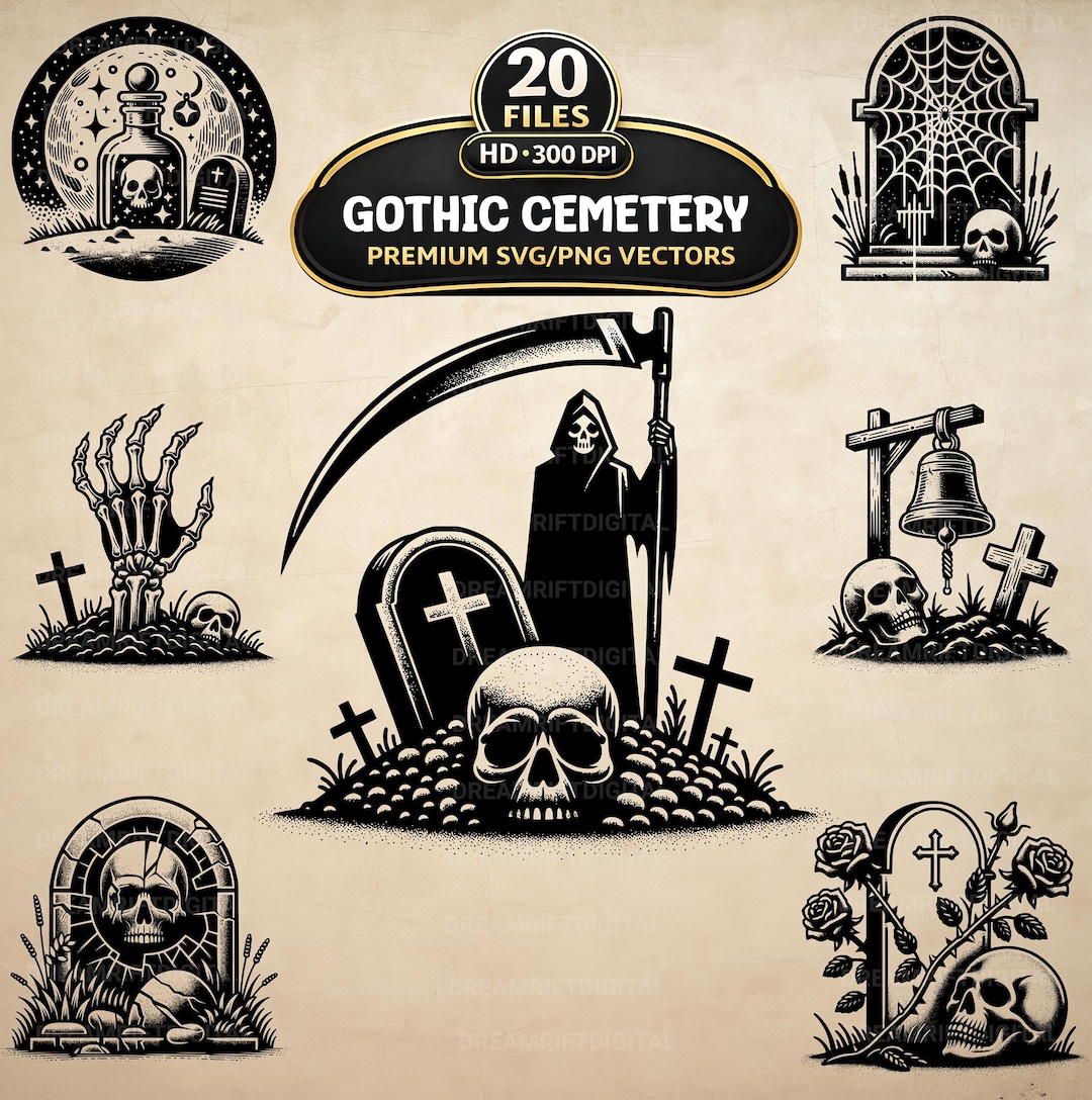 Gothic Cemetery SVG PNG Bundle, 20 Dark Graveyard Clipart, Skull Raven ...