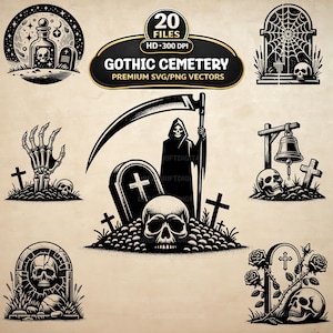 May include: Black and white vector illustrations with a gothic cemetery theme. The designs include a grim reaper, tombstones, skulls, a hand emerging from the ground, and a bell. The text reads "GOTHIC CEMETERY PREMIUM SVG/PNG VECTORS".